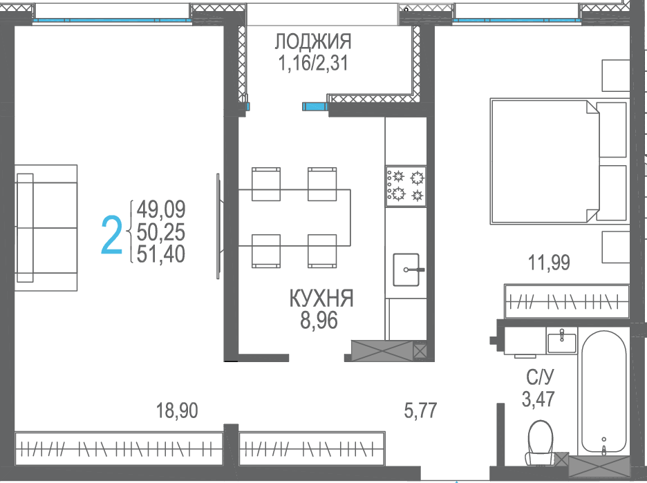 2-к, 51.4 м² · Розовое озеро