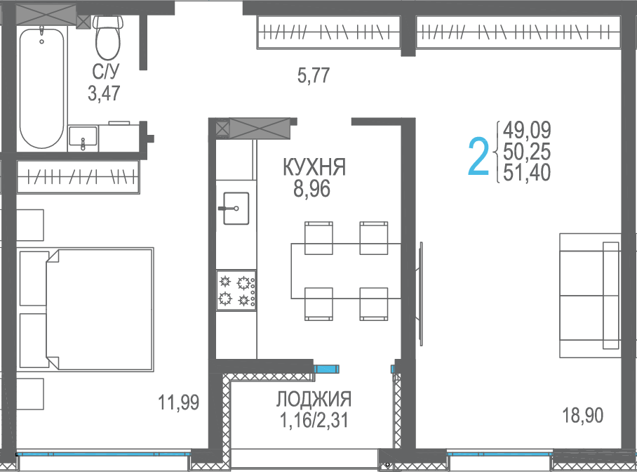 2-к, 51.4 м² · Розовое озеро