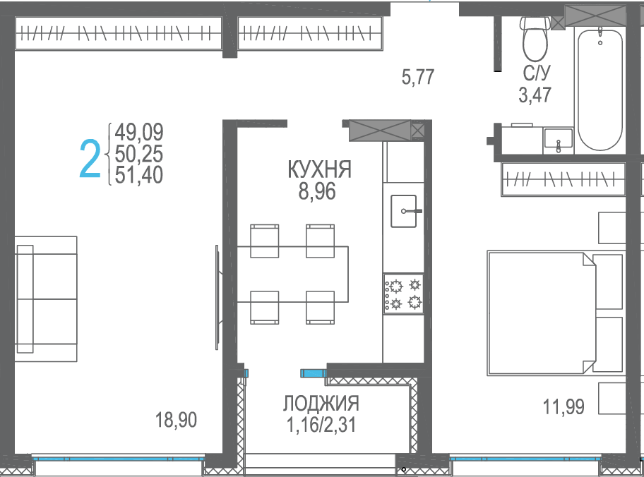 2-к, 51.4 м² · Розовое озеро