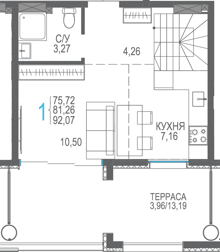 Студия, 92.07 м² · Розовое озеро