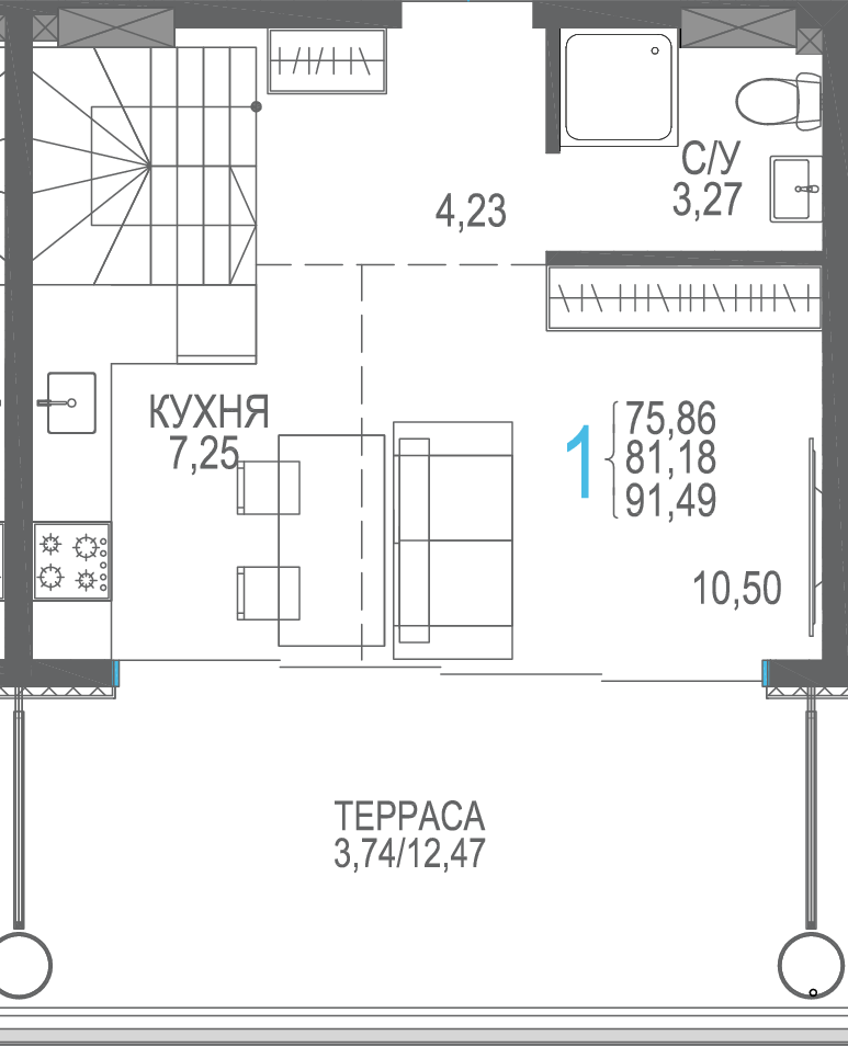 Студия, 91.49 м² · Розовое озеро