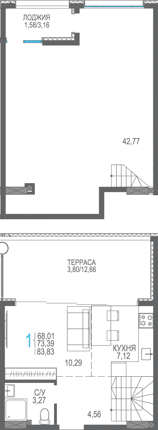 Студия, 83.83 м² · Розовое озеро