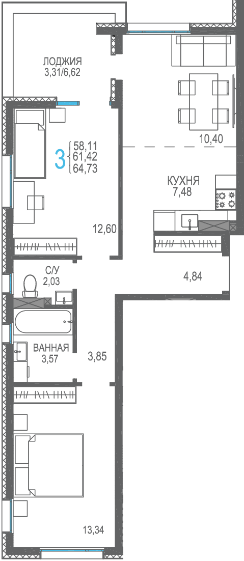 3-к, 64.73 м² · Розовое озеро