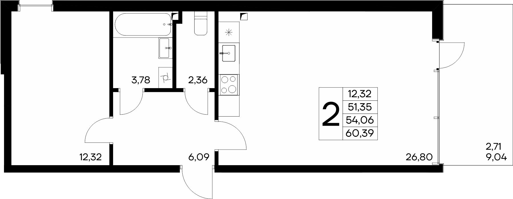 2-к, 60.39 м² · Розовое озеро