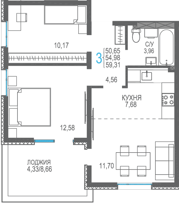 3-к, 59.31 м² · Розовое озеро