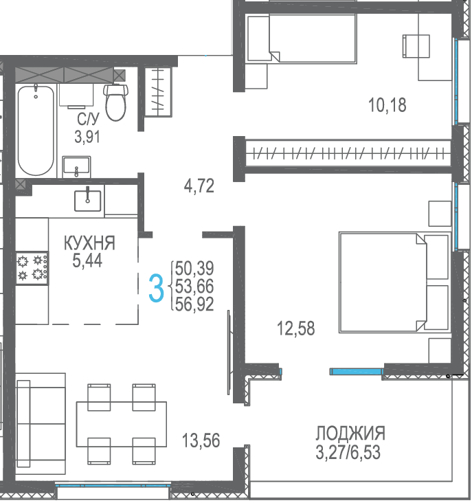 3-к, 56.92 м² · Розовое озеро