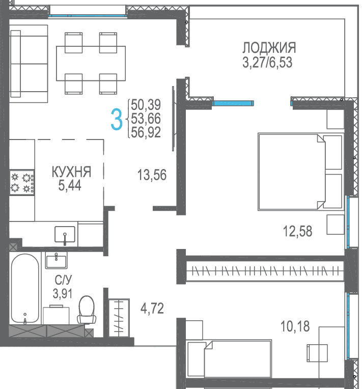 3-к, 56.92 м² · Розовое озеро
