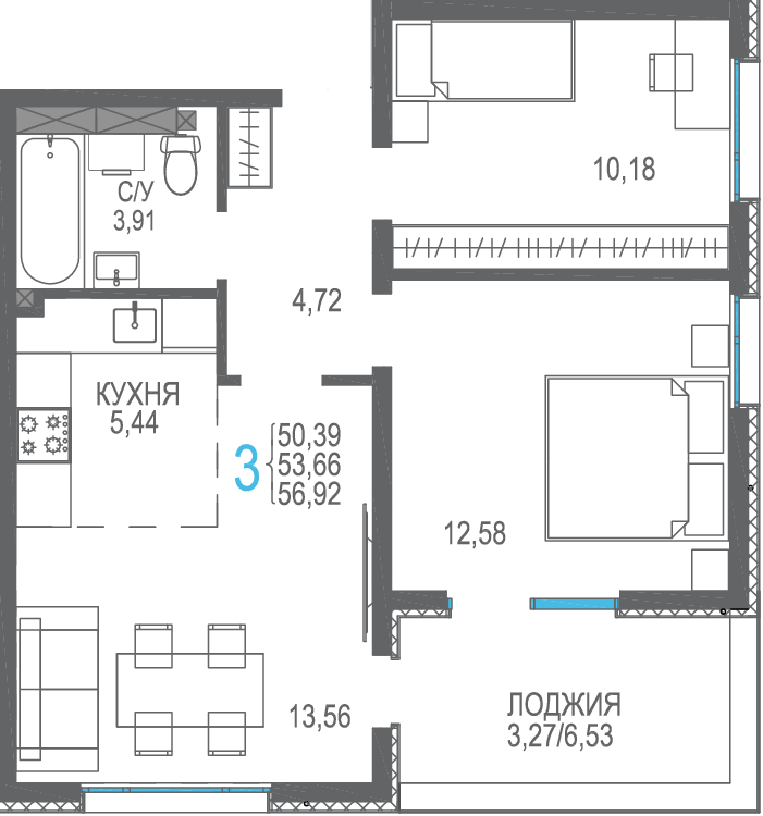 3-к, 56.92 м² · Розовое озеро