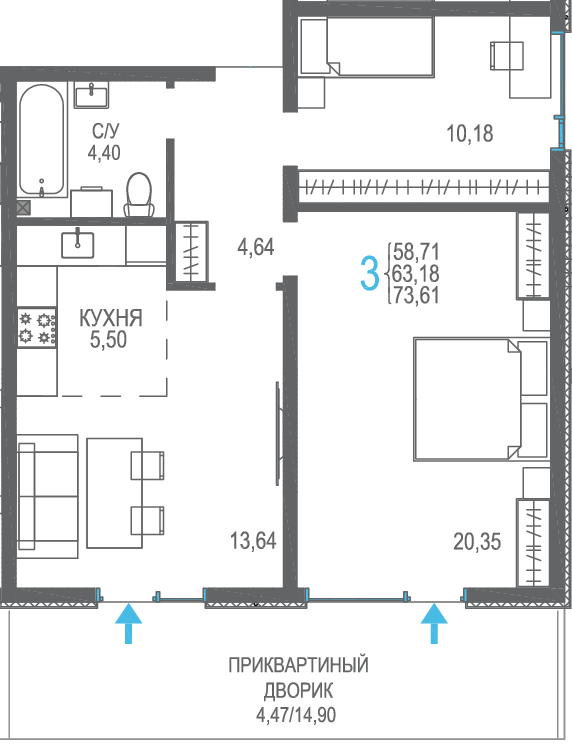 3-к, 73.61 м² · Розовое озеро
