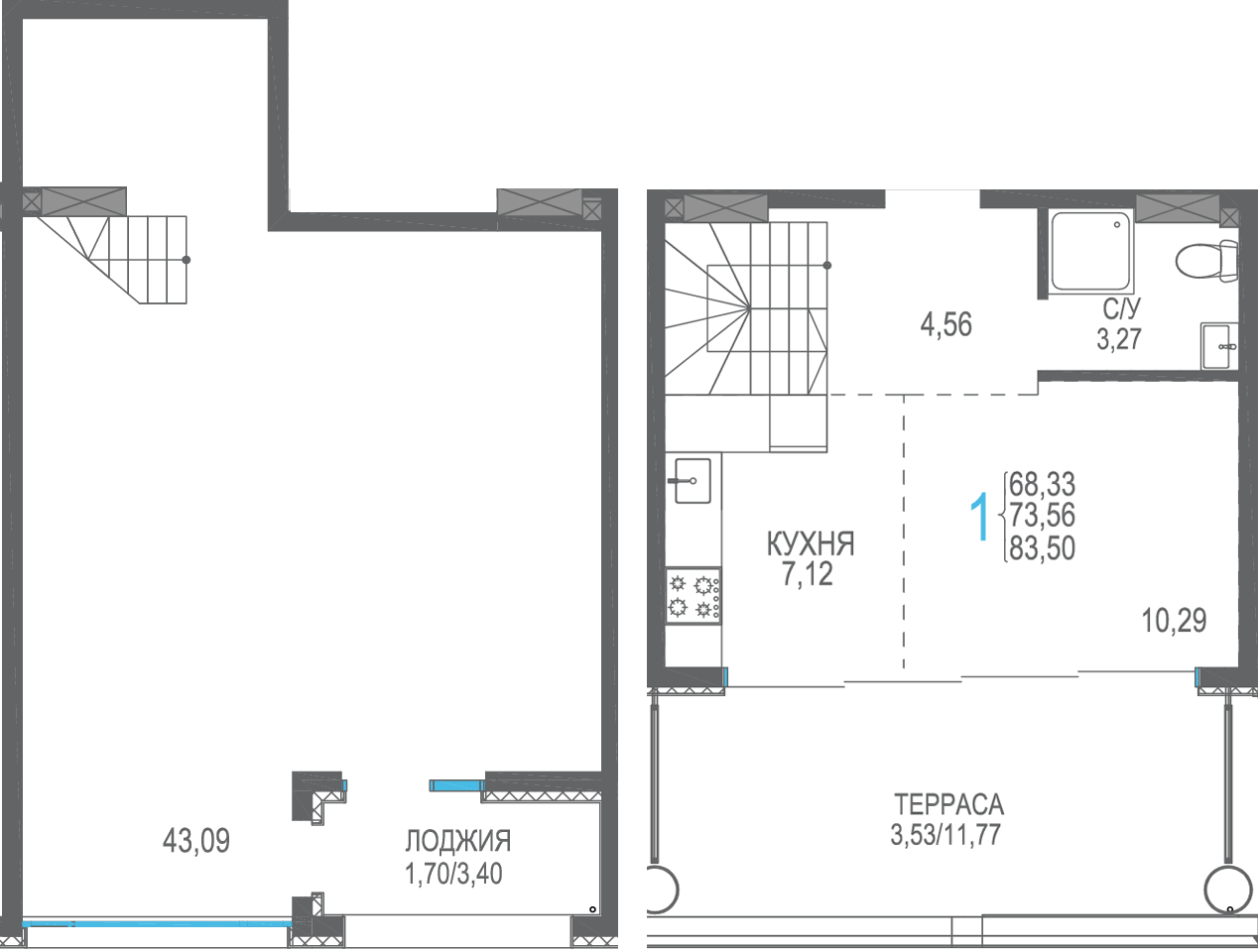 Студия, 83.5 м² · Розовое озеро