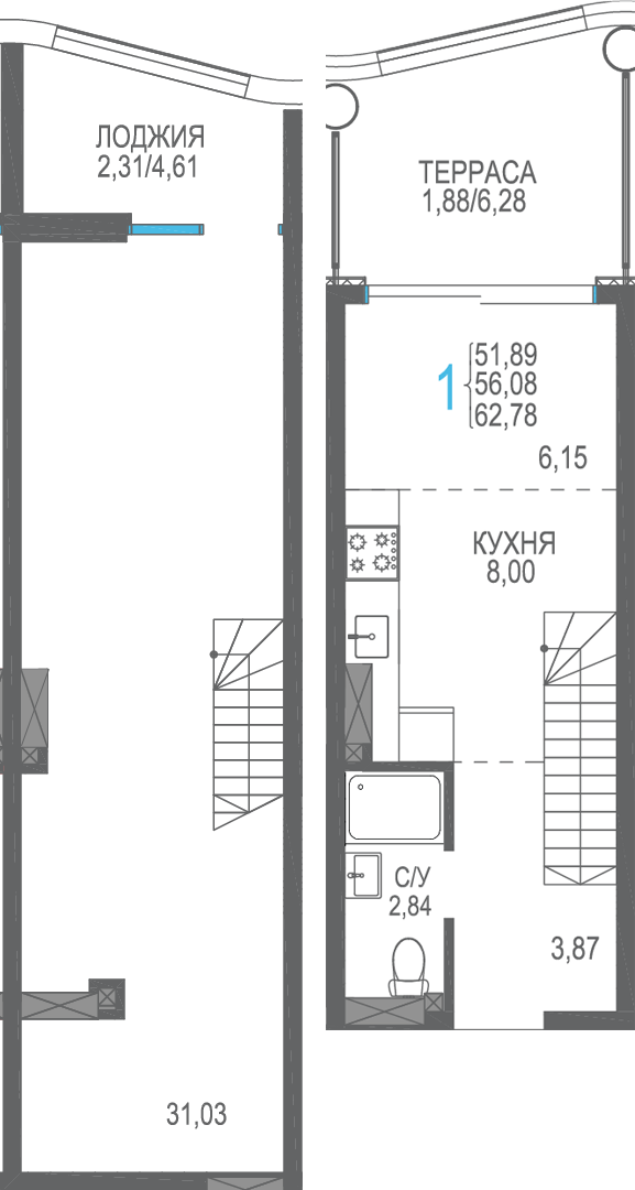 Студия, 62.78 м² · Розовое озеро