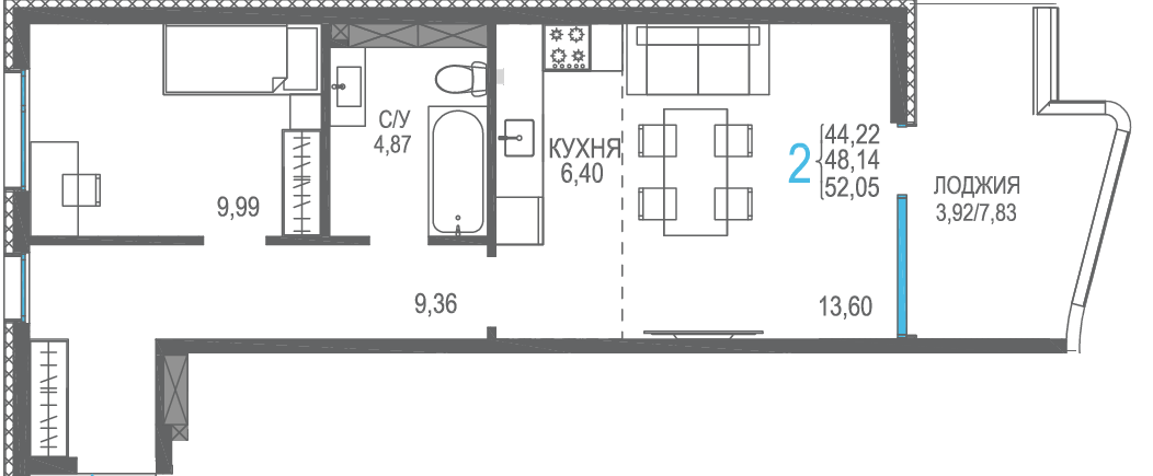 2-к, 52.05 м² · Розовое озеро