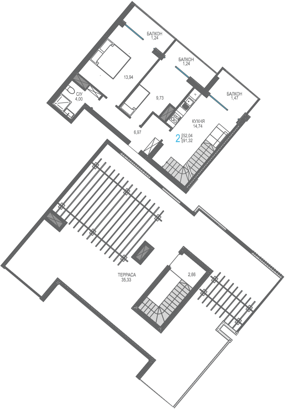 2-к, 91.32 м² · Лучистое