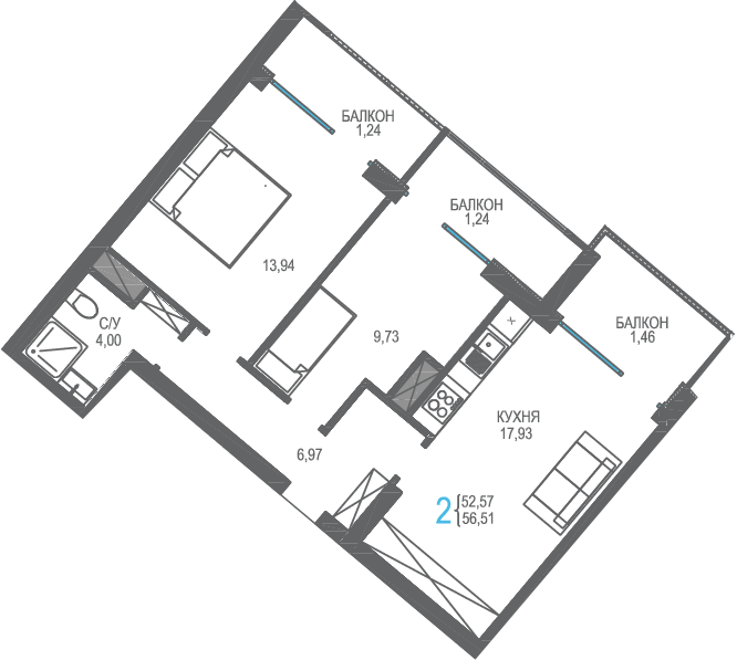 2-к, 56.51 м² · Лучистое
