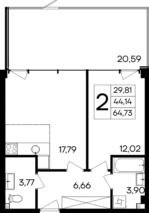 2-к, 64.73 м² · Ола-апарт
