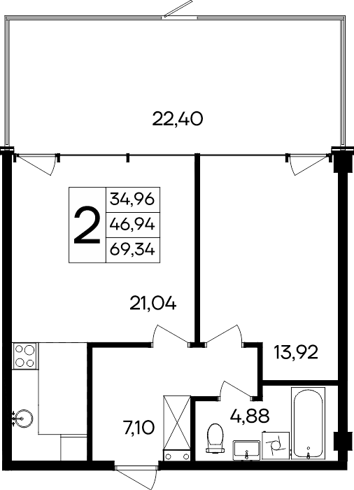 2-к, 69.34 м² · Ола-апарт