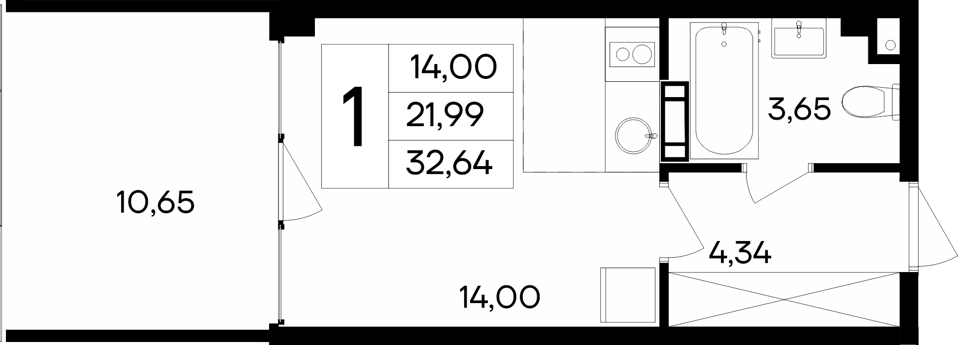 студия, 32.64 м² 1