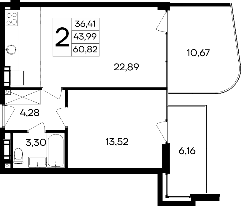 2-к, 60.82 м² · Ола-апарт