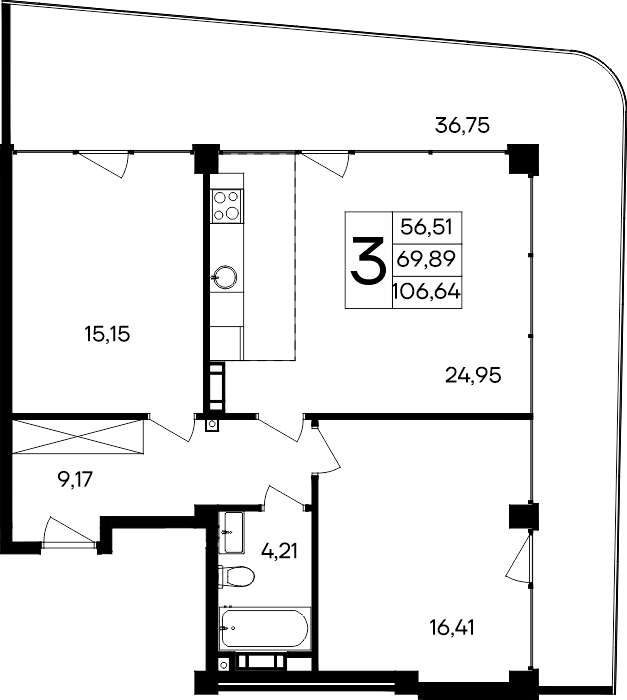 3-к, 106.64 м² · Ола-апарт