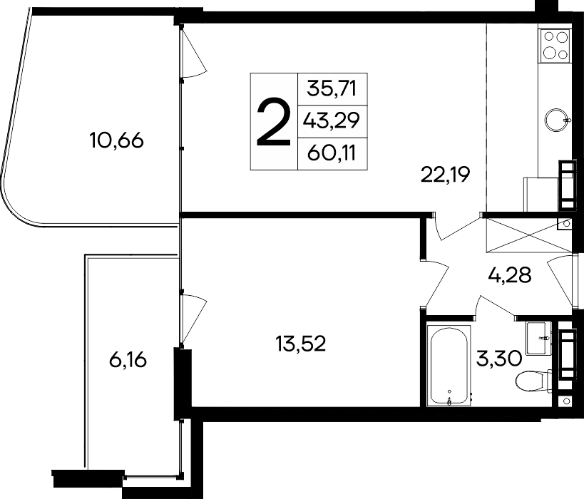2-к, 60.11 м² · Ола-апарт