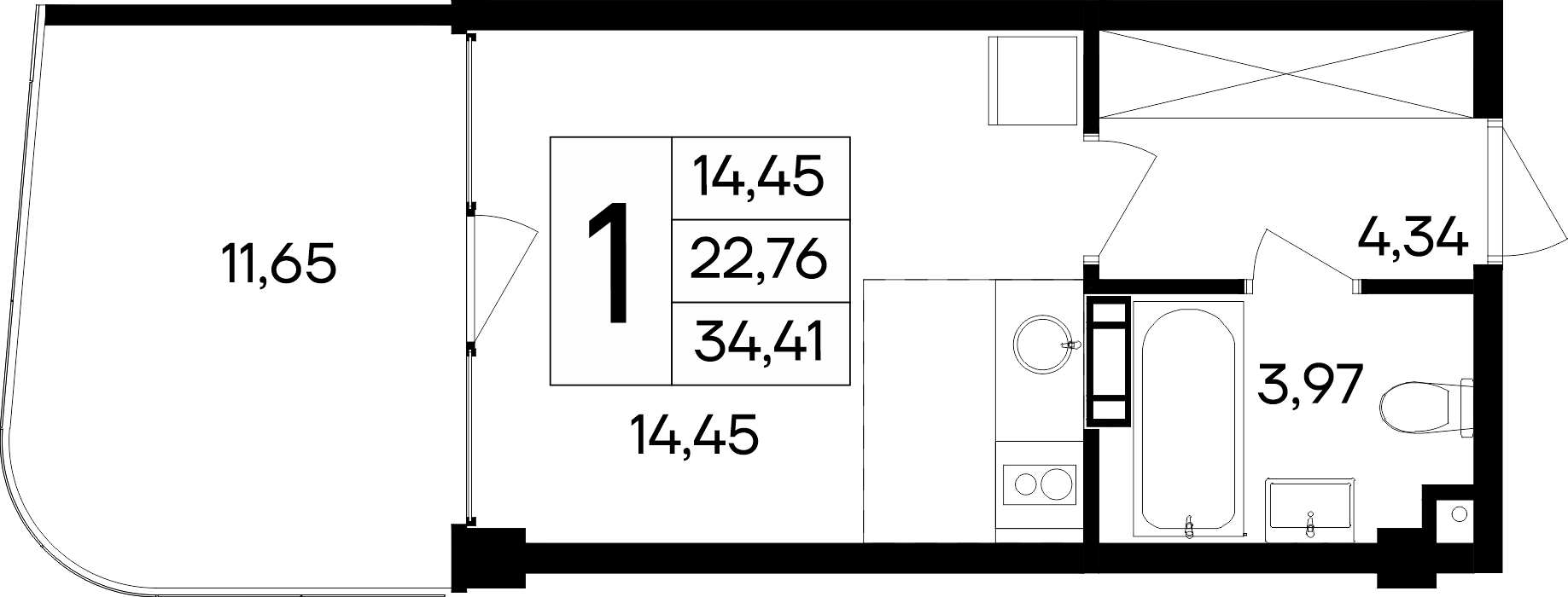студия, 34.41 м² 1