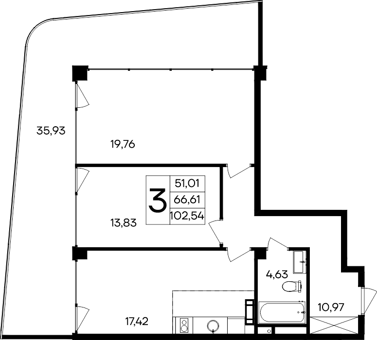 3-к, 102.54 м² · Ола-апарт