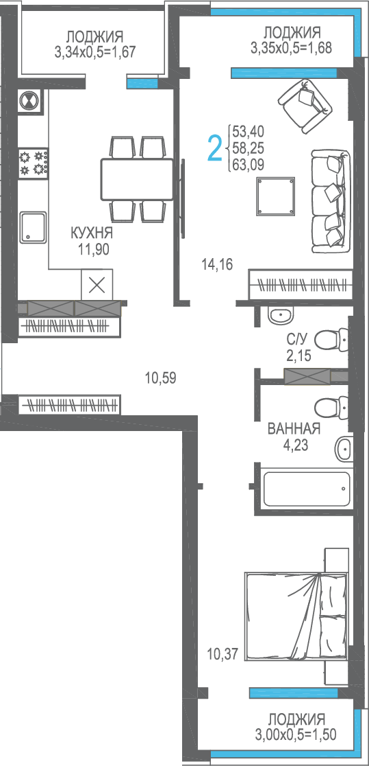 2-к, 58.25 м² · На Фонтанке