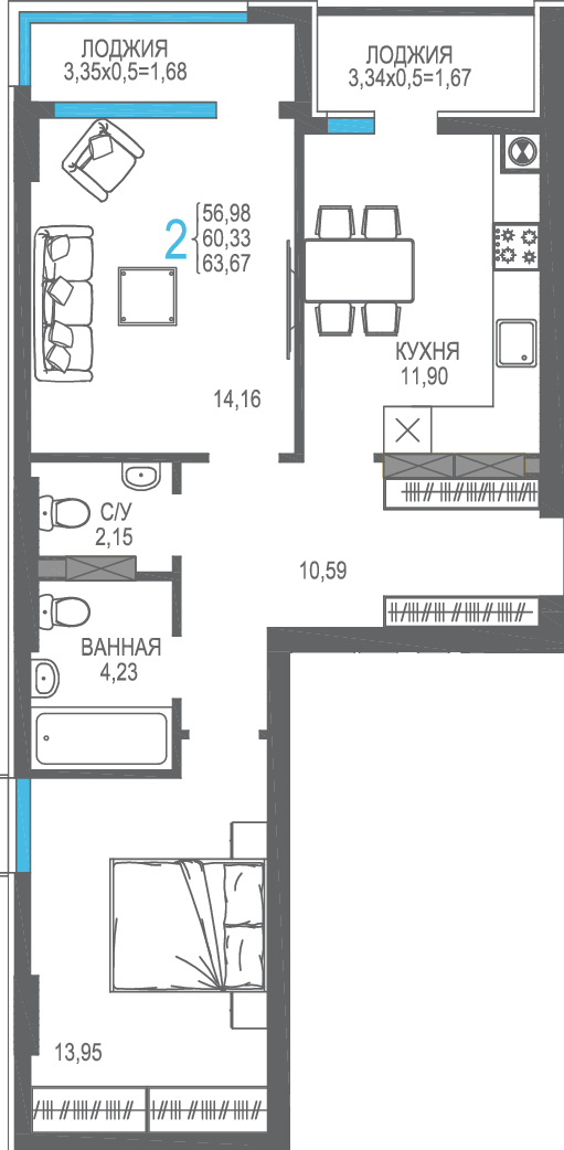 2-к, 60.33 м² · На Фонтанке