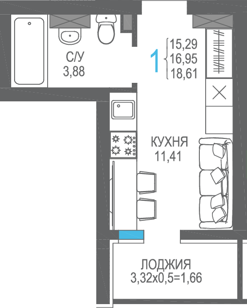 Студия, 16.95 м² · На Фонтанке