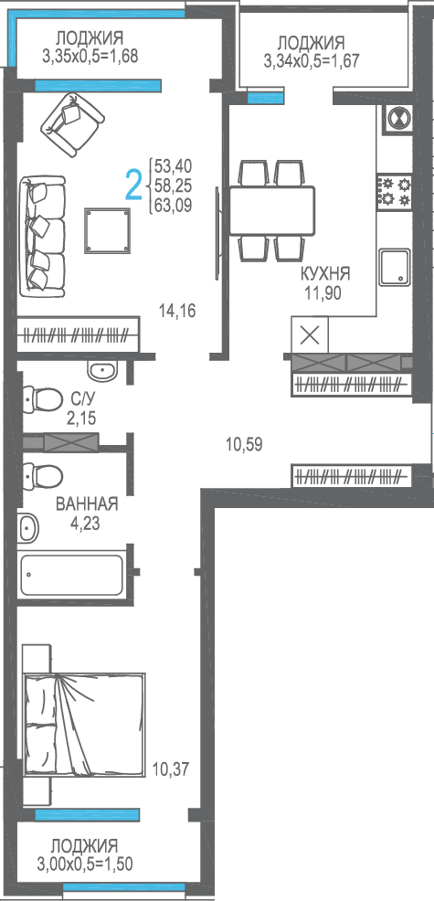 2-к, 58.25 м² · На Фонтанке
