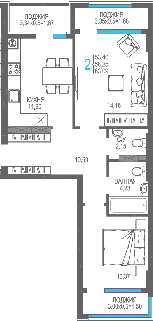 2-к, 58.25 м² · На Фонтанке