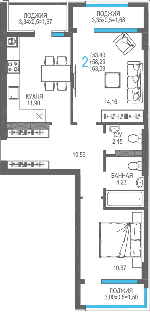 2-к, 58.25 м² · На Фонтанке