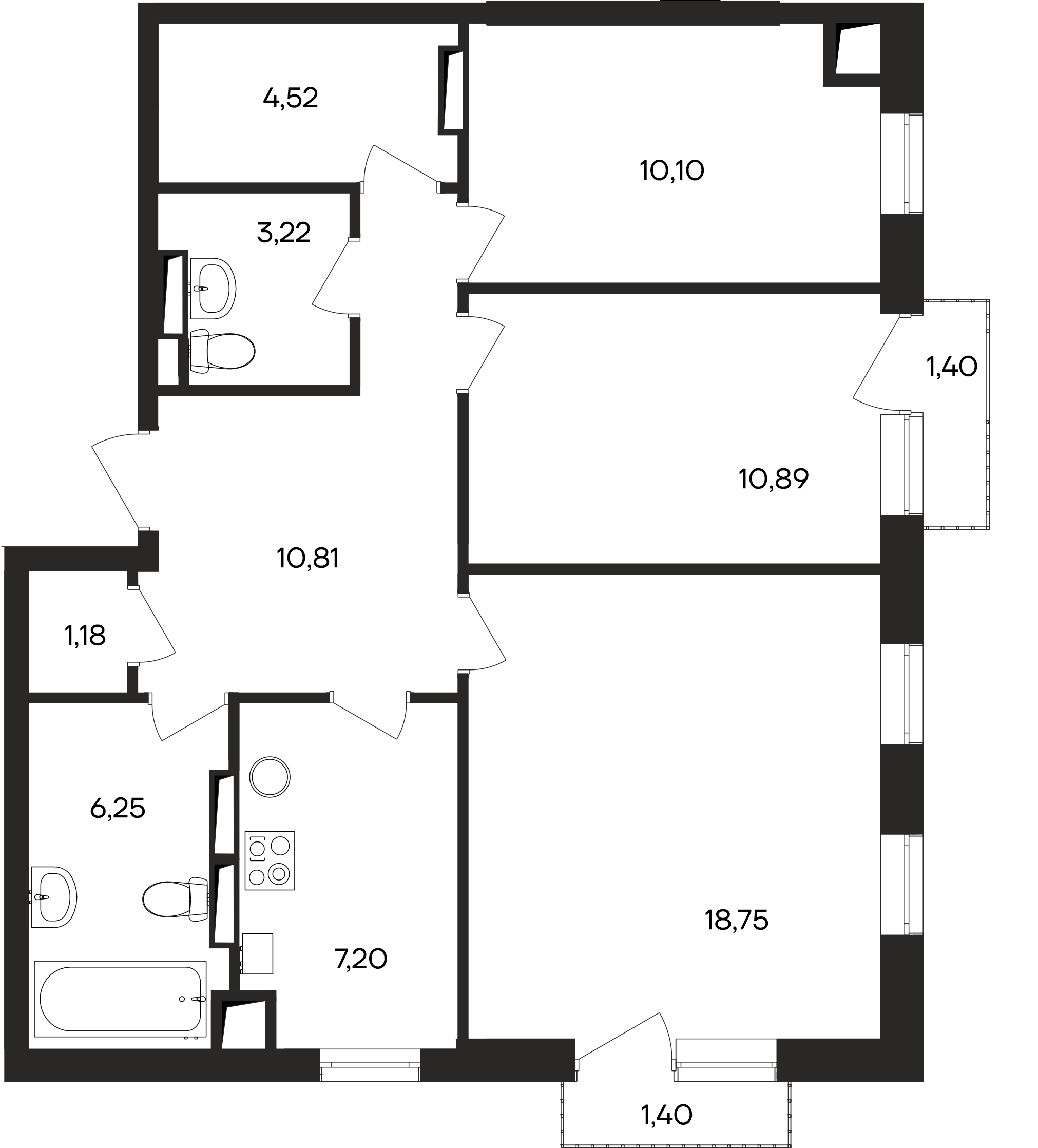 3-к, 75.7 м² · Кубики