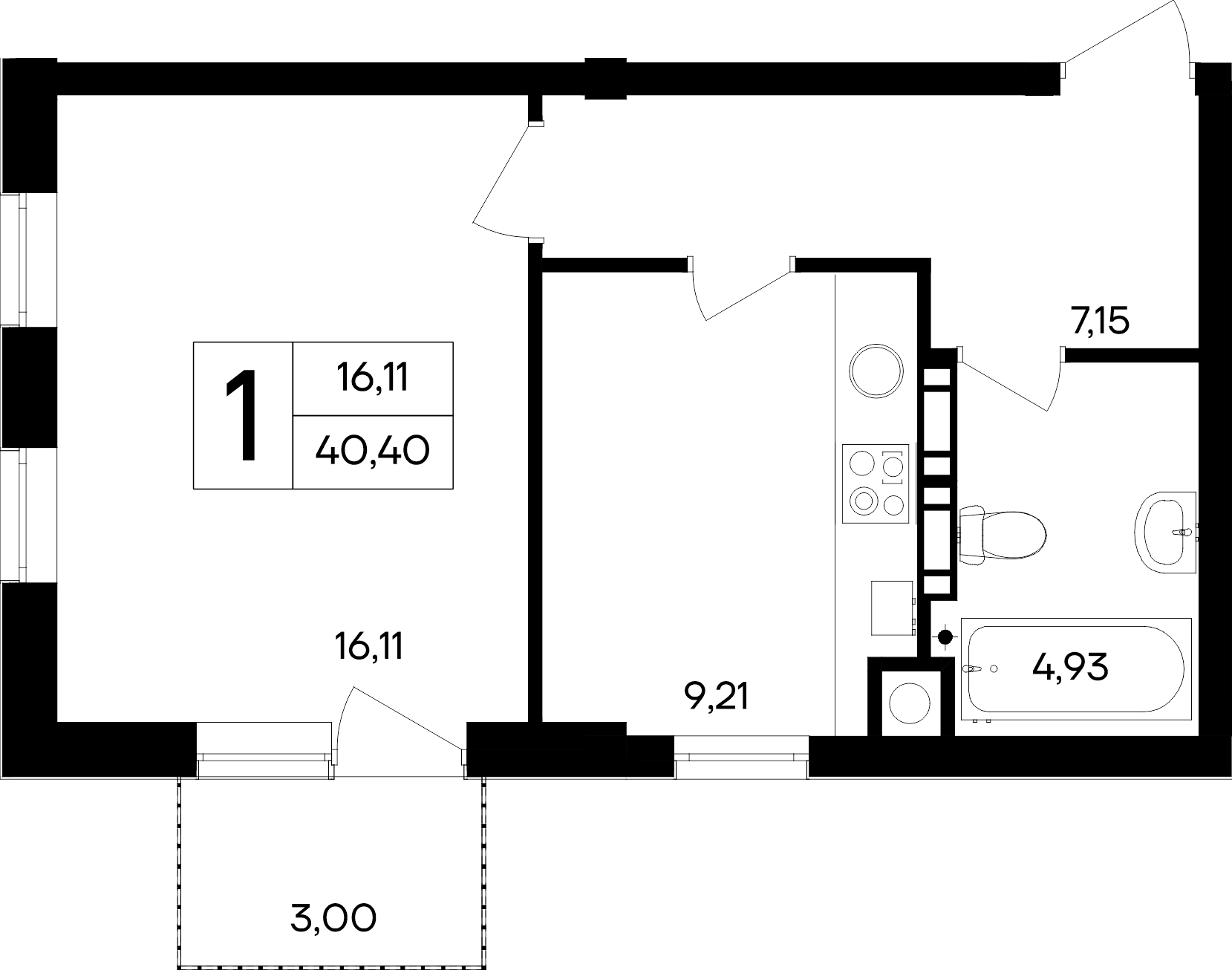 1-к, 40.4 м² · Кубики