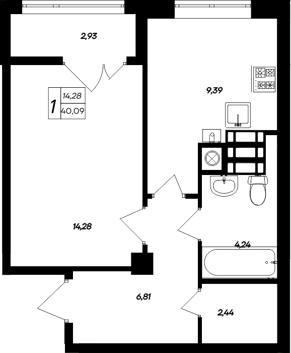 1-к, 40.09 м² · Парковые кварталы