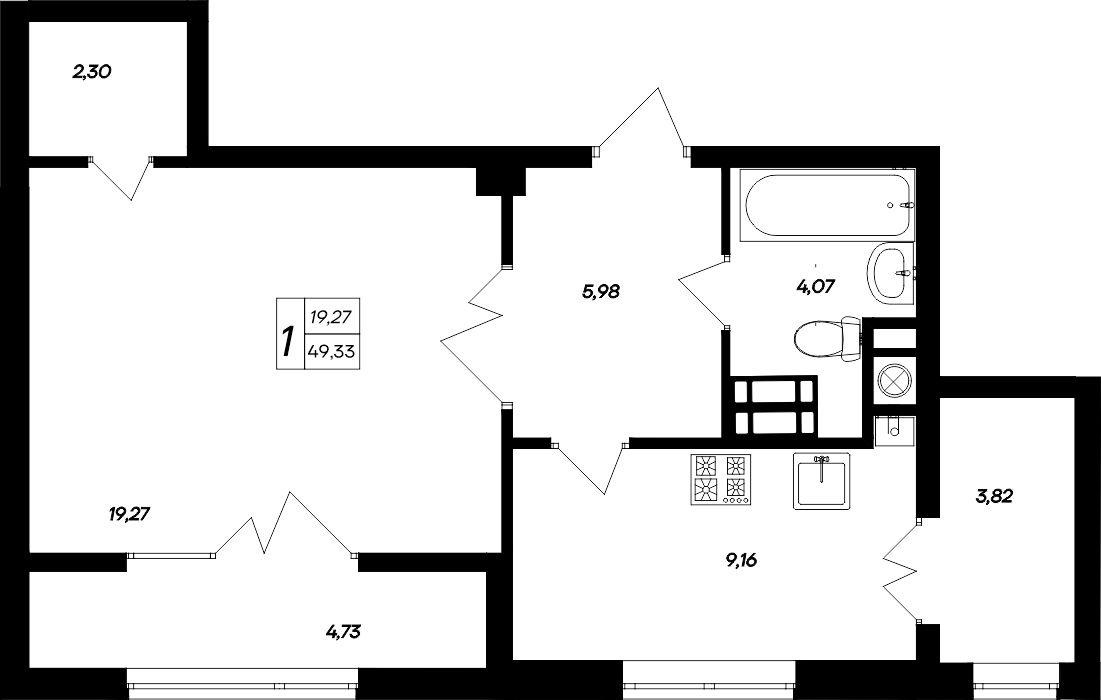 1-к, 49.33 м² · Парковые кварталы