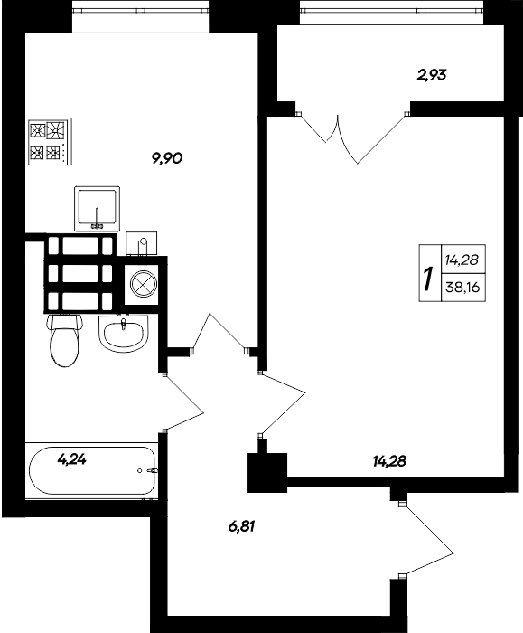 1-к, 38.16 м² · Парковые кварталы