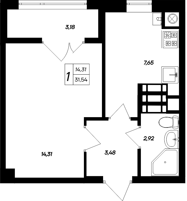 1-к, 31.54 м² · Парковые кварталы
