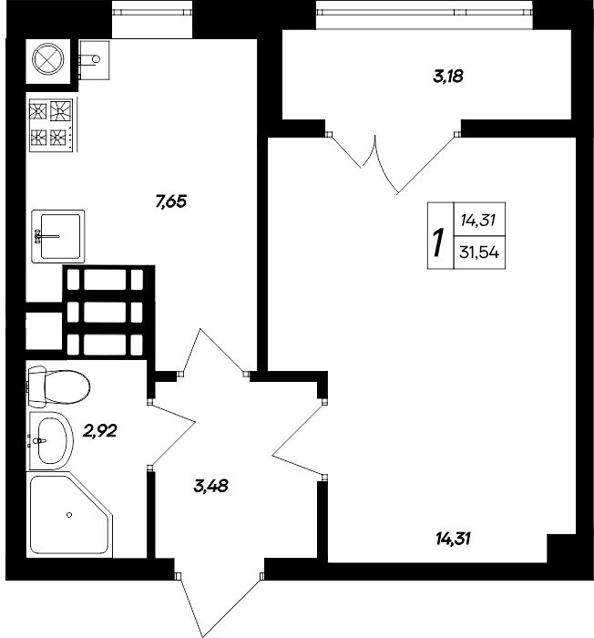 1-к, 31.54 м² · Парковые кварталы