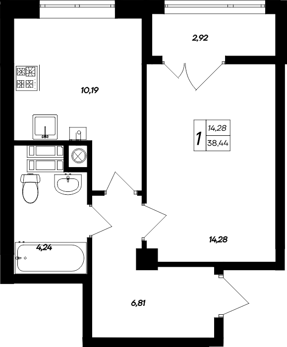 1-к, 38.44 м² · Парковые кварталы