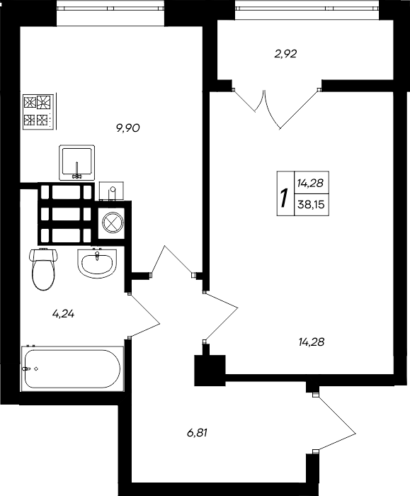 1-к, 38.15 м² · Парковые кварталы