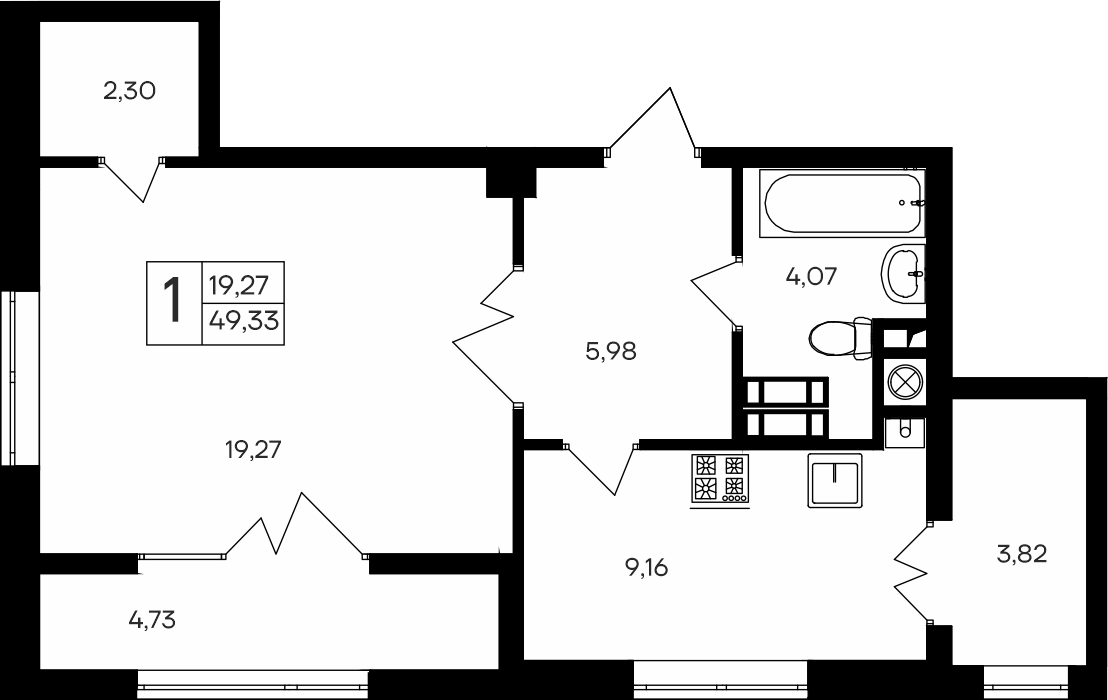 1-к, 49.33 м² · Парковые кварталы