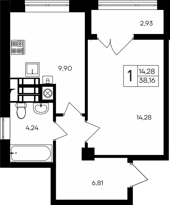 1-к, 38.16 м² · Парковые кварталы