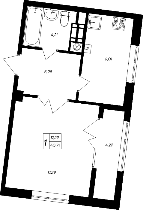 1-к, 40.71 м² · Парковые кварталы