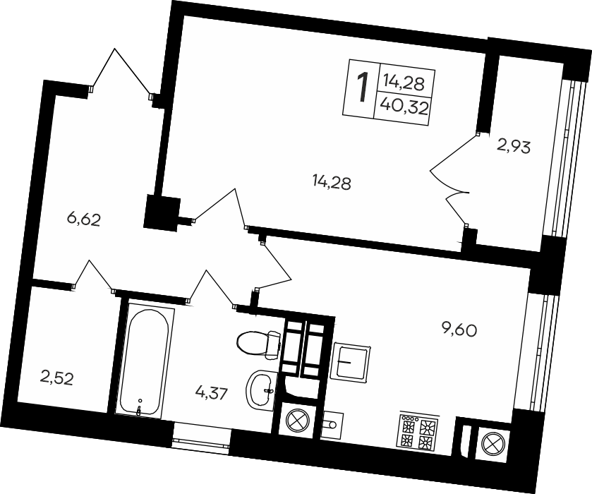 1-к, 40.32 м² · Парковые кварталы