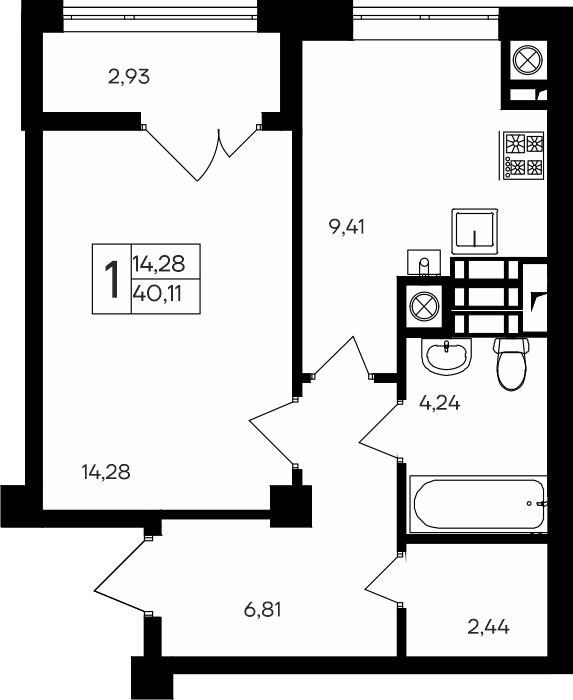 1-к, 40.11 м² · Парковые кварталы
