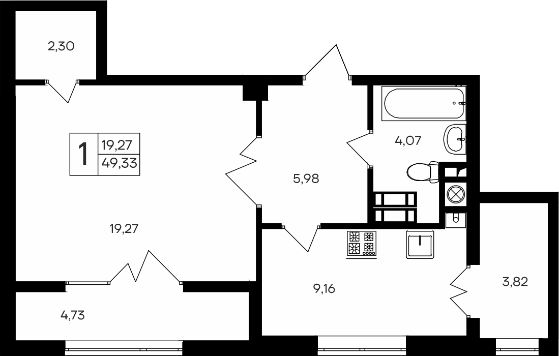 1-к, 49.33 м² · Парковые кварталы