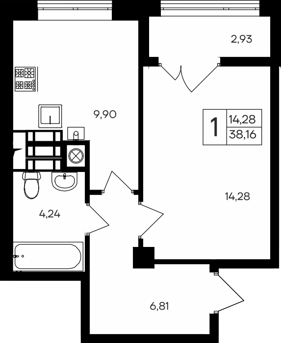 1-к, 38.16 м² · Парковые кварталы