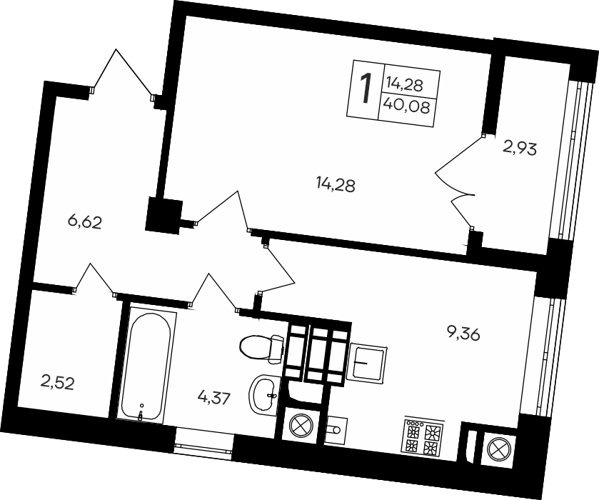 1-к, 40.08 м² · Парковые кварталы