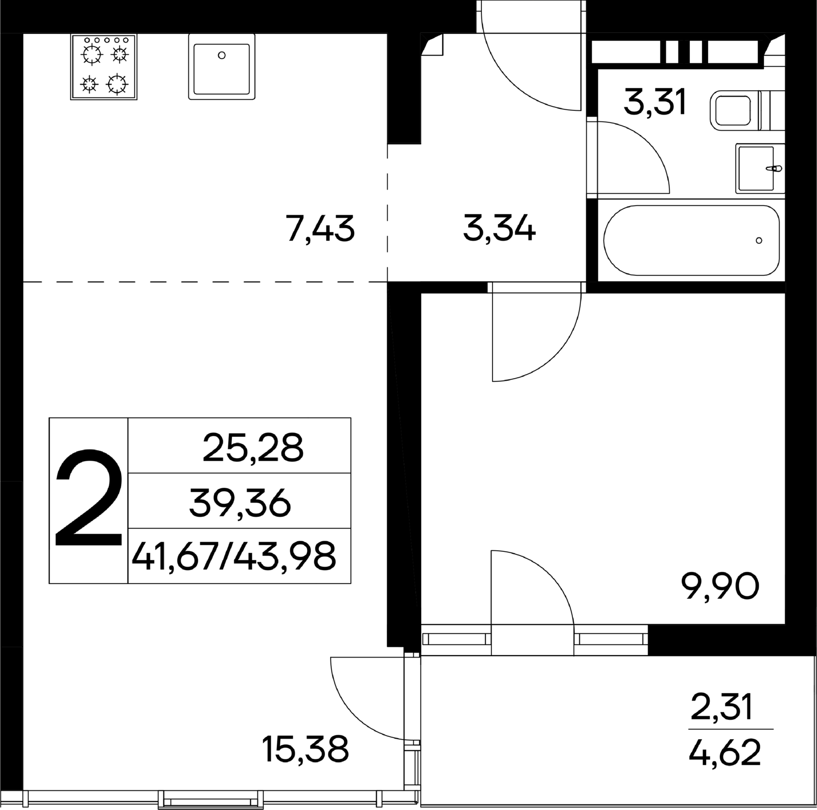 2-к, 43.98 м² · Лучистое